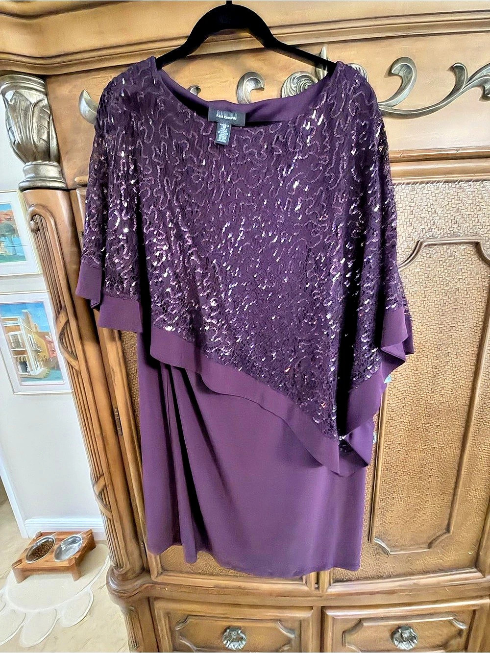 R&M Richards 8749 Plum Sequin Lace Poncho Sheath Dress Size 18